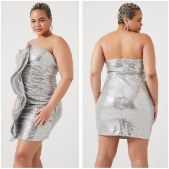 NWT L'ATISTE Forever 21 Silver Sequin Ruffled Mini Dress Plus Size 1X - Picture 2 of 7